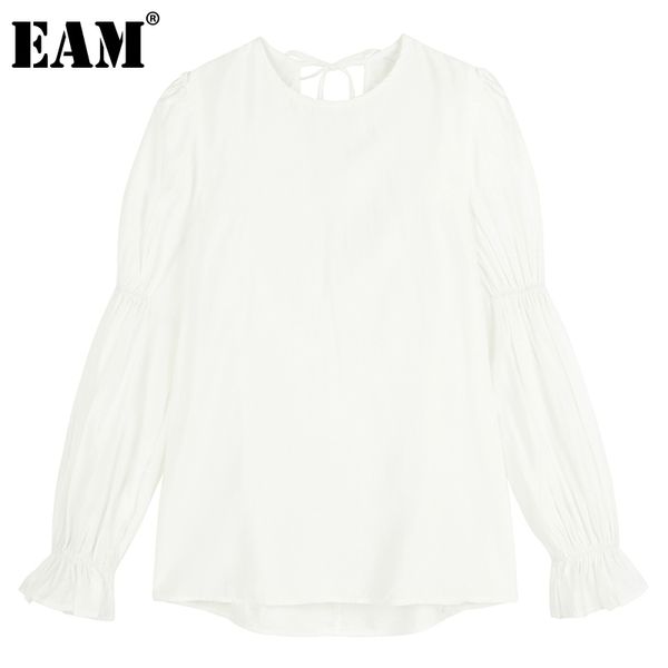 

[eam] women white bandage hollow out backless ruffles t-shirt round neck long sleeve fashion spring autumn 1dd5836 210512