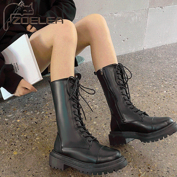 

boots fashion women cross strap pu leather autumn winter knee high ladies thick sole platform botas mujer mid-calf white, Black
