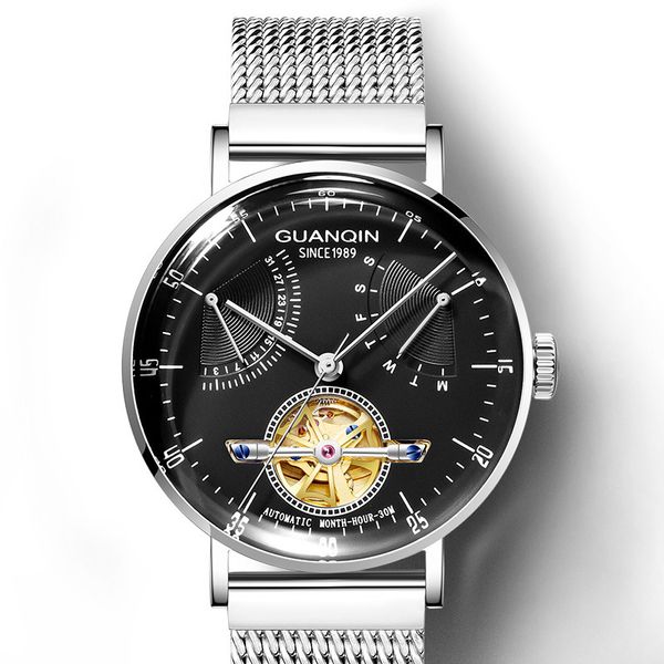 

guanqin men fashion mechanical clock business slim hollow black automatic movement waterproof steel mesh band, Slivery;brown