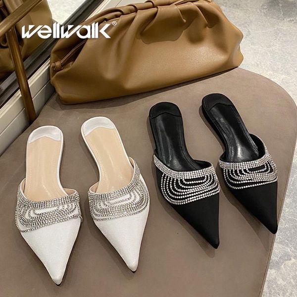 

chic mules shoes with tiny diamond chain slippers women flats pointed toe dress designer slides female wedding, Black