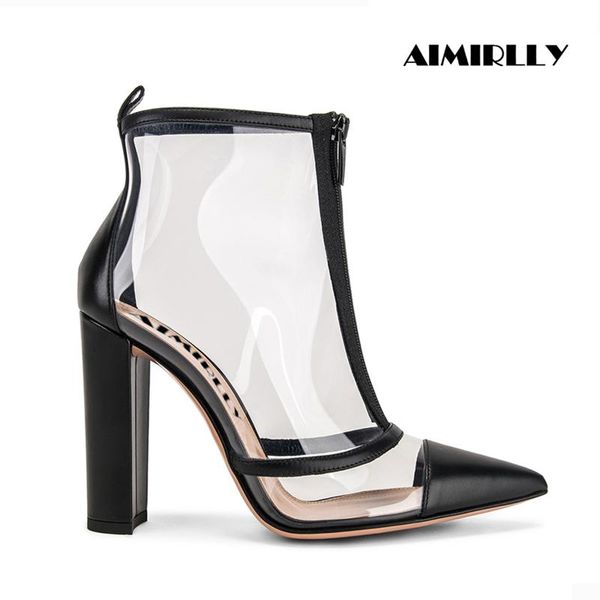 

boots women's shoes pointed toe high heel ankle block heels transparent pvc spring autumn ladies clubwear party booties zip, Black