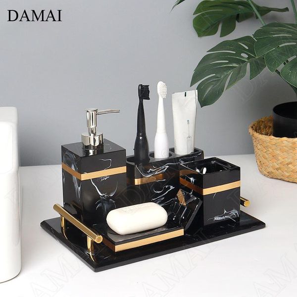 

bath accessory set european resin bathroom five piece home shower accessories creativity marble texture golden stroke toiletries organizer