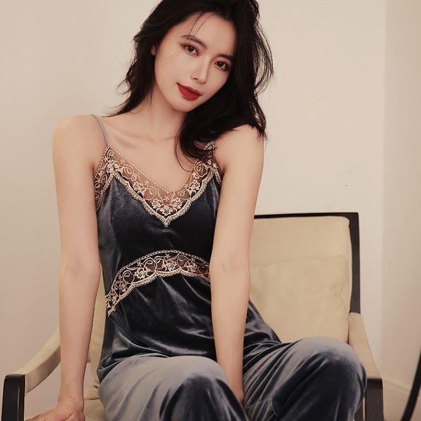 

women's sleepwear women velvet 4 pieces pajamas sets sling lace winter autumn pyjama with chest pad wine red robe xjln, Black;red