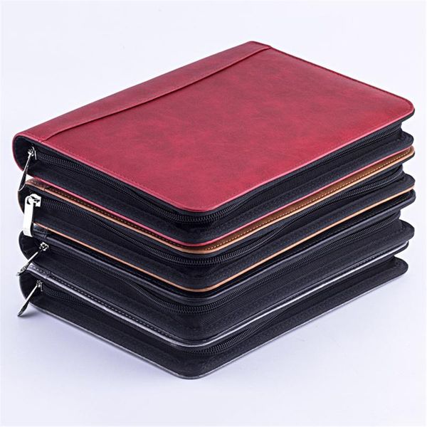 

faux leather a5 padfolio with calculator zipper binder notebook briefcase file executive folder spiral travel note book notepads, Purple;pink