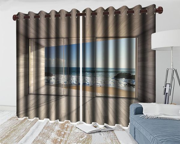 

3d modern curtain beautiful sea view curtains for wood-panel windows hd digital print landscape blackout & drapes