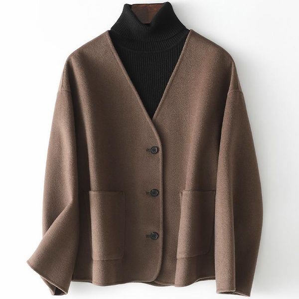 

women's wool & blends [sold out without mending] double-sided tweed coat spring fashion woolen leisure v-neck, Black