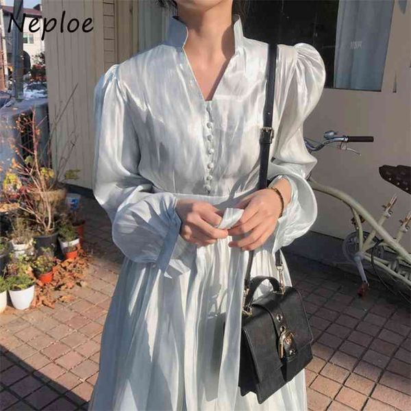 

fashion stand collar chic button puff sleeve dress solid color a-line vestidos pleated slim waist glossy women dresses 210422, Black;gray