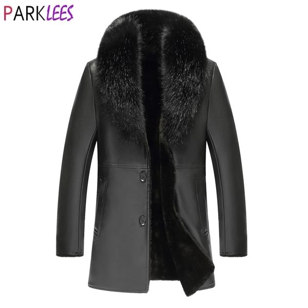 Männer Luxus Faux Pelz Kragen Pu Leder Jacke Winter Männlich Dicke Warme Fleece Gefüttert Leder Jacke Mantel Windjacke 4XL 210522