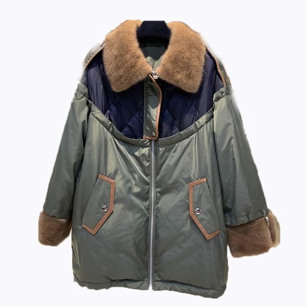 

women's fur & faux women winter down jacket and coats with genuine mink collar parkas coat mid-length loose size thicken snow overcoat, Black