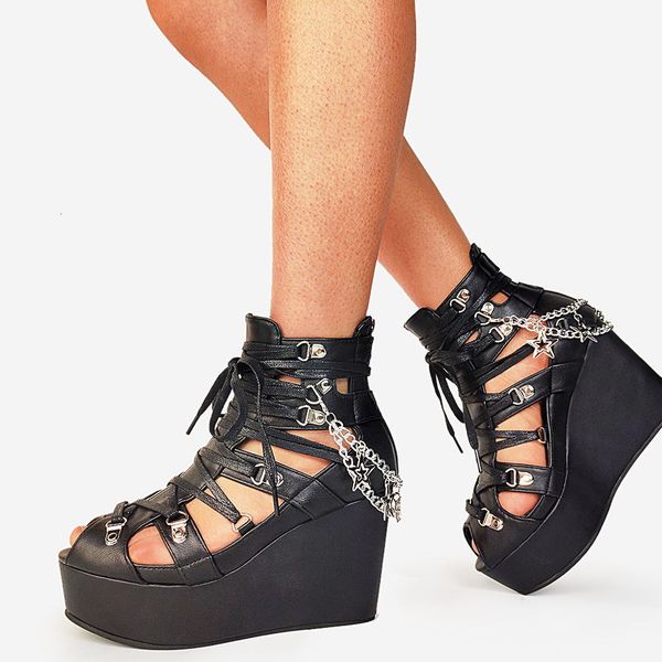 

dress shoes sandálias femininas de zíper pentagrama gótico, com salto alto, plataforma verão, sandálias punk para mulheres, sapatos boca pei, Black