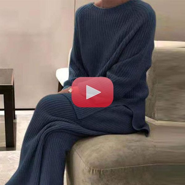 

women's two piece pants fashion homewear women soft 2 set autumn winter solid o neck pullover knitted elegant lady pajama home suit, White