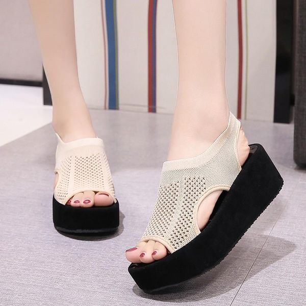 

35-40sports sandals women summer mesh casual flying woven women's shoes flat hollow student soft bottom fish mouth, Black