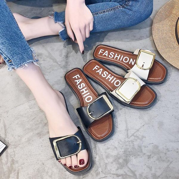 

slippers 2021 women's fashion house outside pu leather shoes sandals spring summer flats white black woman