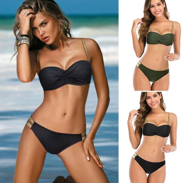 

women's swimwear 2021 summer women three-point hanging neck bikini swimsuit solid color fashion two-piece, White;black