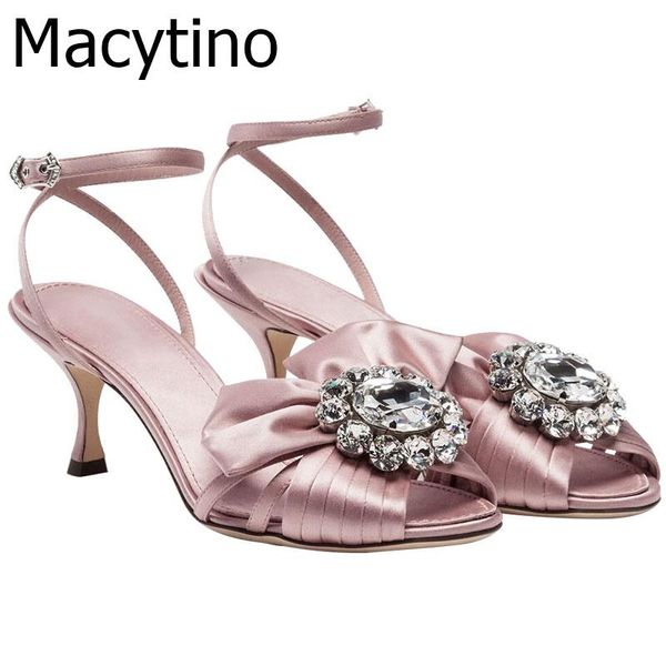 

bowknot crystal high heel sandals women black pink satin sandalia feminina ankle strap stiletto party wedding shoes woman