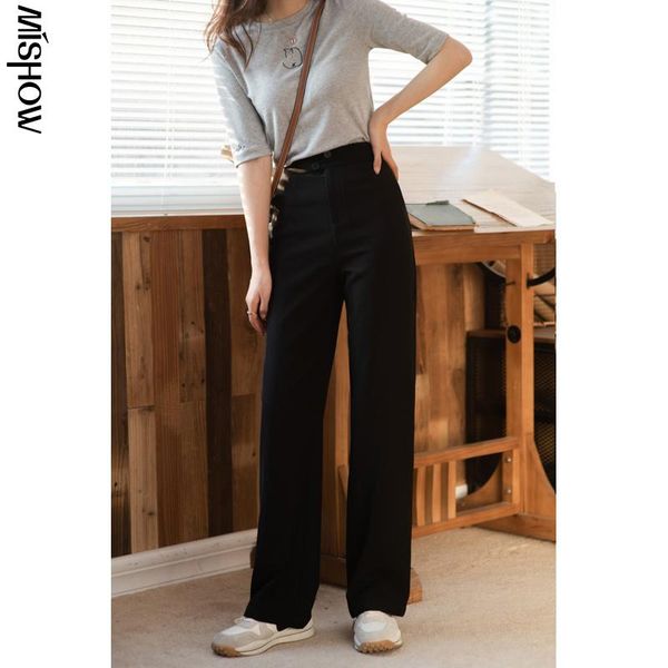 

women's pants & capris mishow 2021 spring for women elastic solid high waist loose straight streetwear fashion female trousers mx21a267, Black;white