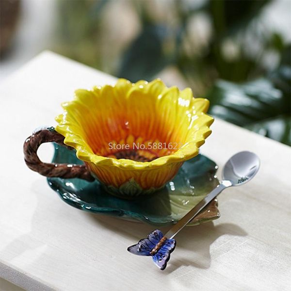 

cups & saucers creative sunflower enamel porcelain ceramic coffee cup original home decor butterfly spoon