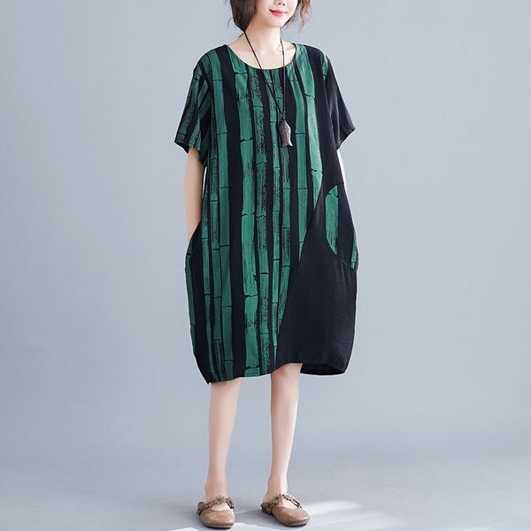 

oversized women cotton linen casual dress new summer simple style o-neck print loose female knee-length dresses s3345 210412, Black;gray
