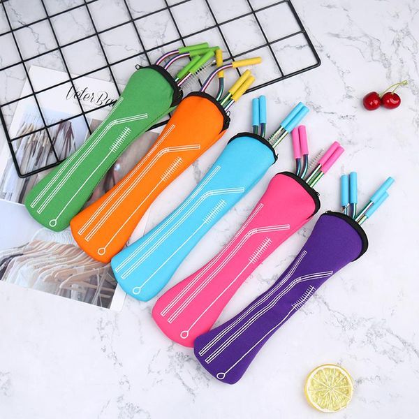 

drinking straws 5pcs/set 304 stainless steel eco friendly reusable straw metal set with brush & bag bar accessories