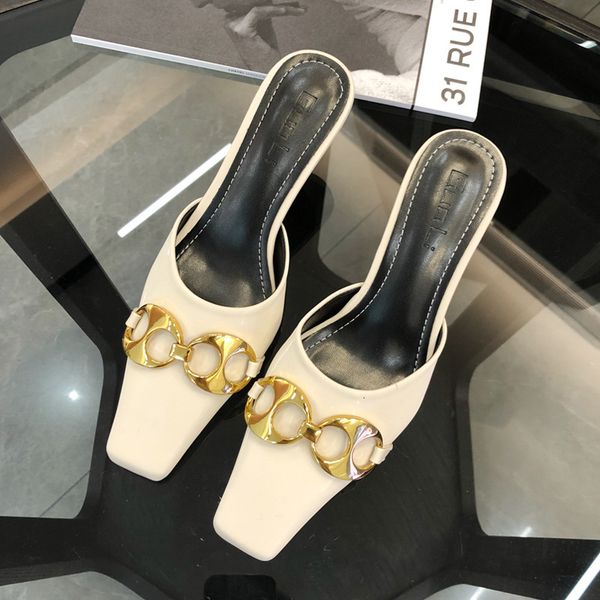 

sandals 2021 fashion women slippers spring thin high heel female square toe slip on mules shoes brand metal chain elegant ladies c, Black