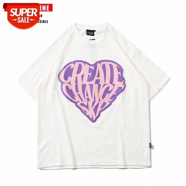 

streetwear men ins hip-hop tide brand street heart-shaped print short-sleeved t-shirt loose wild couple half-sleeved #1e3l, White;black