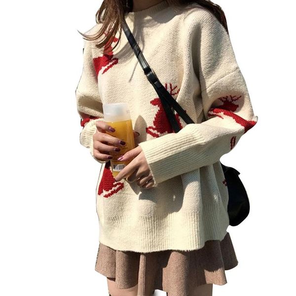 

women's sweaters women long sleeves round neck knitted sweater solid color fawn pattern pullover, White;black