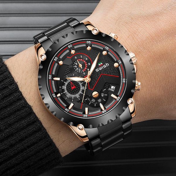 

wristwatches swish men's watch stainless steel rose gold quartz watches fashion calendar chronograph sports military wristwatch relogio, Slivery;brown