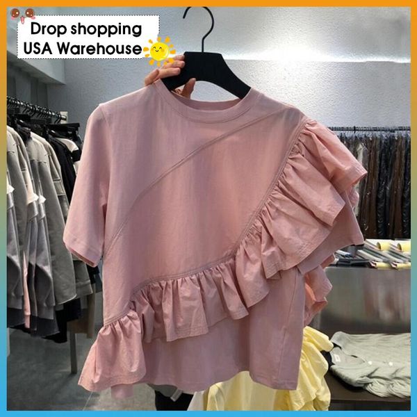 

women's blouses & shirts oushang women korean elegant 2021 summer ruffle shirt o neck chic slim party short sleeve female woman vintag, White