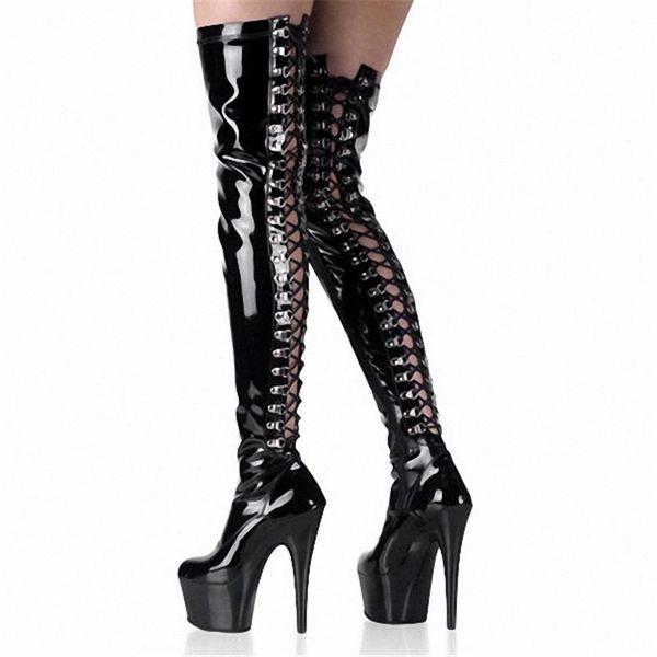 

boots nightclub stage knee elastic 15cm high heel black patent leather