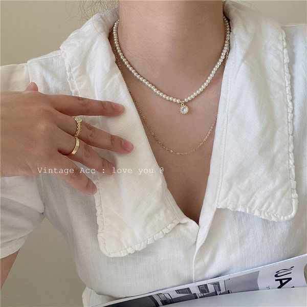 

chokers 2021 korean elegant pearl double layer zircon simple metal geometric choker necklace for women girls aesthetic jewelry, Golden;silver
