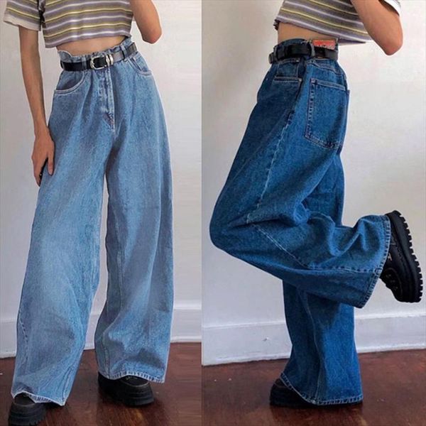 

border wide leg pants women jean classic high waisted and loudspeaker, Blue