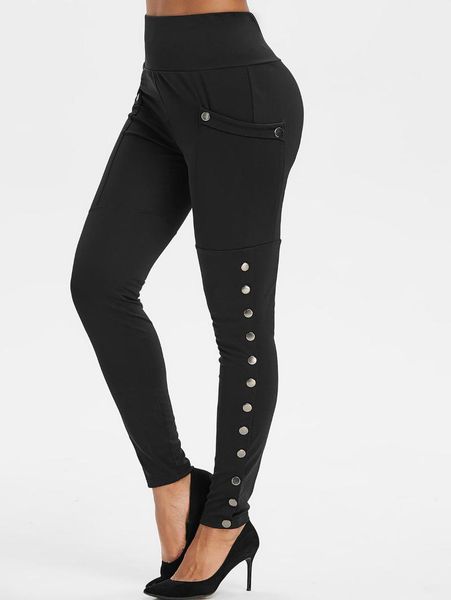 

women's leggings kenancy women fashion high waisted pocket snap button side gothic casual fitness ladies trousers, Black