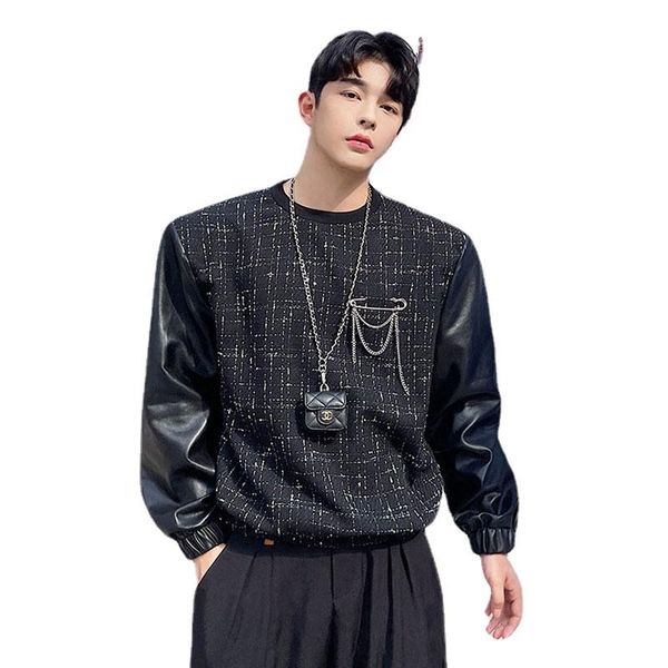 

men's hoodies & sweatshirts men autumn winter leather splice wool brooch vintage fashion loose casual pullover sweatshirt man korean st, Black