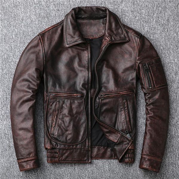 

men's leather & faux the head layer cowhide men do old flight suit jacket locomotive retro red brown, Black