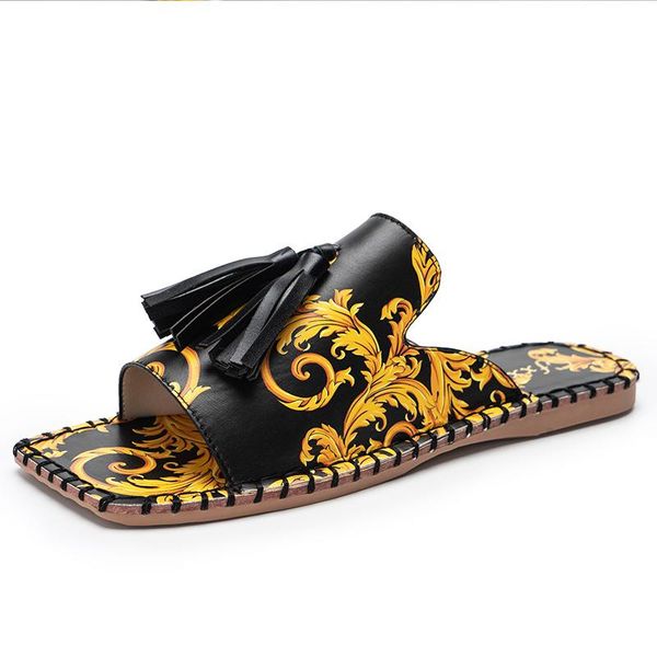 

slippers 2021 flat for women fashion tassels sandals woman ethnic vintage mules slides designer outdoor, Black