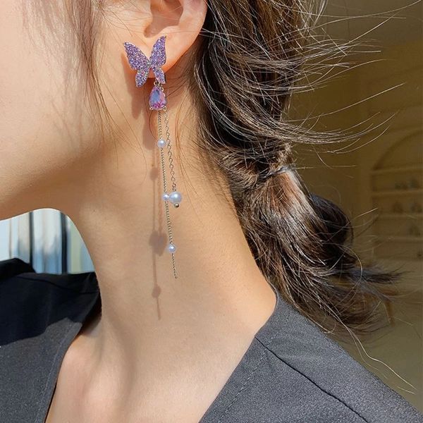 

fashion korean shiny rhinestone butterfly earrings for women elegant pearl long tassel drop earrings wedding party jewelry gift, Silver