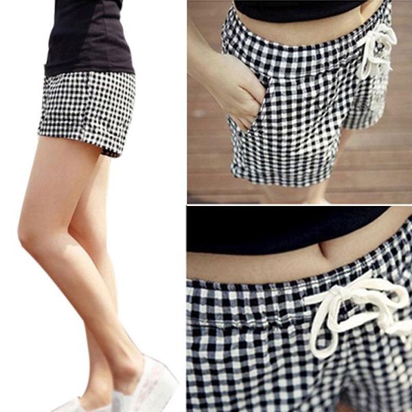 

fashion summer plaid casual loose women shorts elastic waist all match cotton short pants plus size 4xl bfj55, White;black