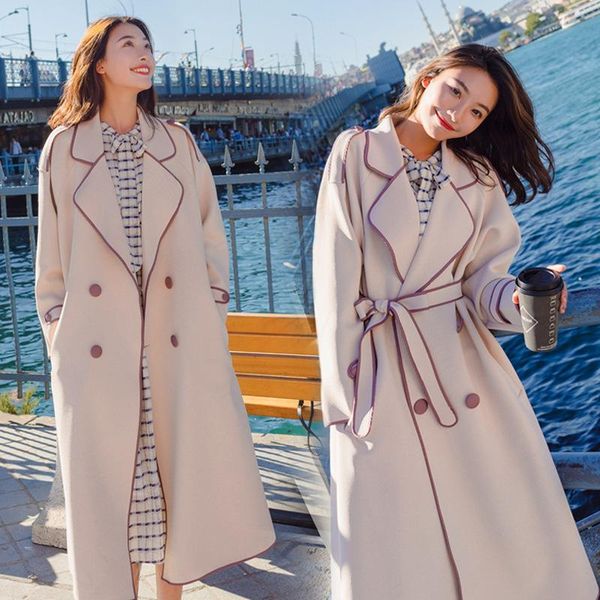 

women's trench coats women autumn and winter slim long sleeves coat casual female korean style outwear, Tan;black