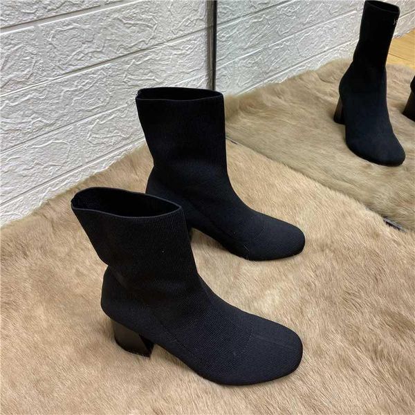 

boots deat 2021 spring autumn fashion casual rould toe solid color high heel leather single shoes women short cool sf2981, Black