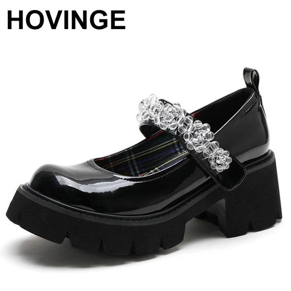 

dress shoes hovingekorean women mary jane genuine leather platform block high heel hook & loop summer single retro lolita, Black