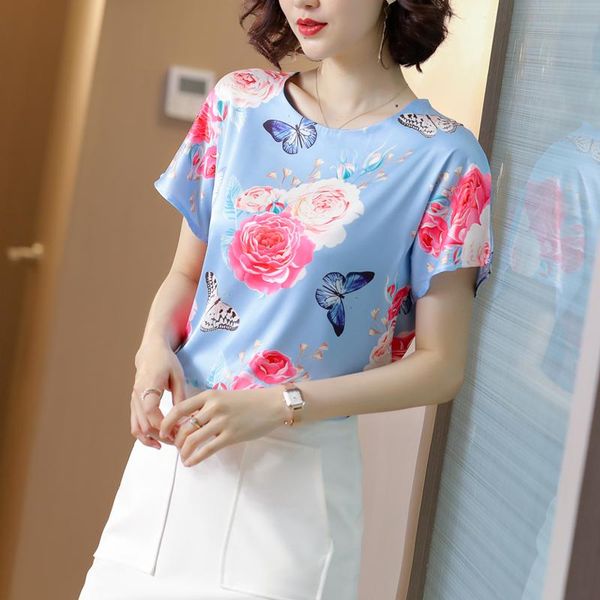 

summer korean fashion silk t-shirts for women vintage satin short sleeves plus size xxxl office lady shirts women's t-shirt, White