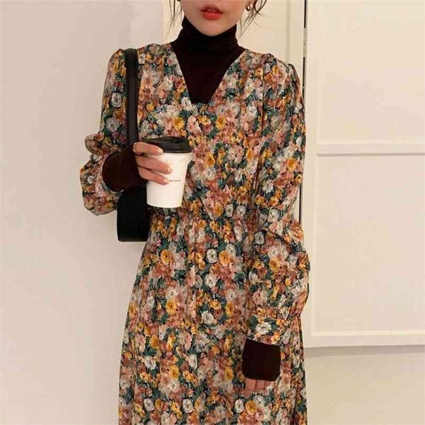 

spring autumn women's retro temperament v-neck cross tie waist slimming puff sleeve over the knee floral dress uk821 210506, Black;gray