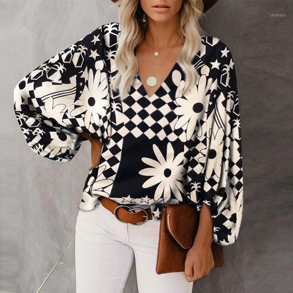 

women's blouses & shirts womens clothing 2021 blouse autumn vintage v-neck print lantern sleeve loose casual pullover shirt chemise fe, White