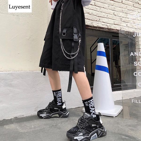 

women's pants & capris black army green woman cool cargo 2021 lady chains pocket plastic buckle knee length ulzzang punk trousers stree, Black;white