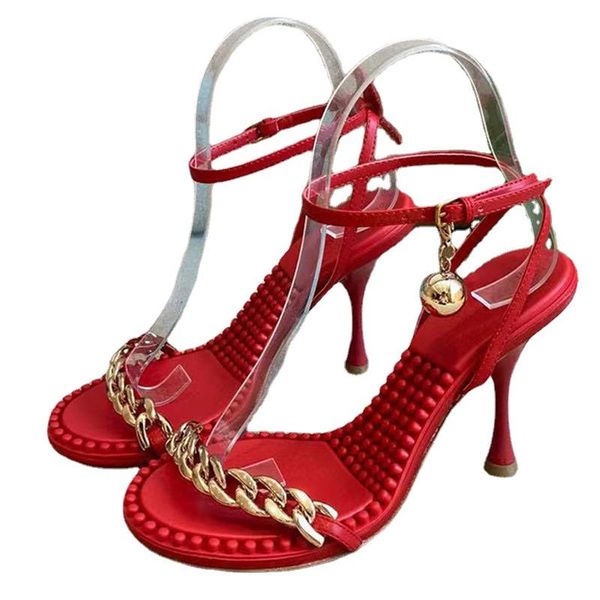 

sandals summer runway metal chain thin high heels women round head one word with sandalias party wedding shoes 2021, Black