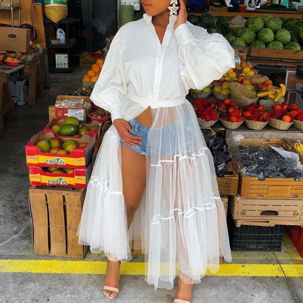 

women's blouses & shirts blouse women long sleeve 2021 tunic high waisted mesh patrchwork fashion female white shirt plus size party cl