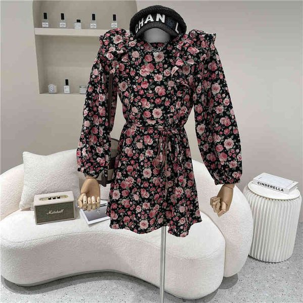 

spring female 2021 niche retro fashion design chiffon flower fine dress, Black;gray