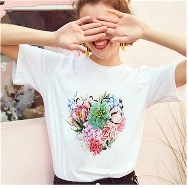 

women's t-shirt ladies watercolor flower graphic printing casual wear clothes women, White