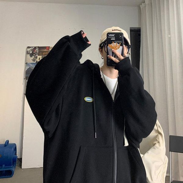 

women's hoodies & sweatshirts winter jacket sweatshirt thick zipper big pocket solid color coating korean loose wild hoodie, Black