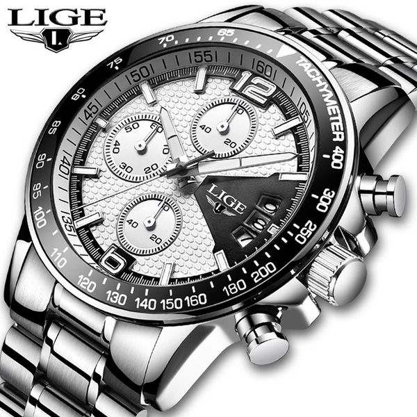 

wristwatches lige military watches men stainless steel band waterproof quartz wristwatch chronograph clock male fashion sports watch with bo, Slivery;brown